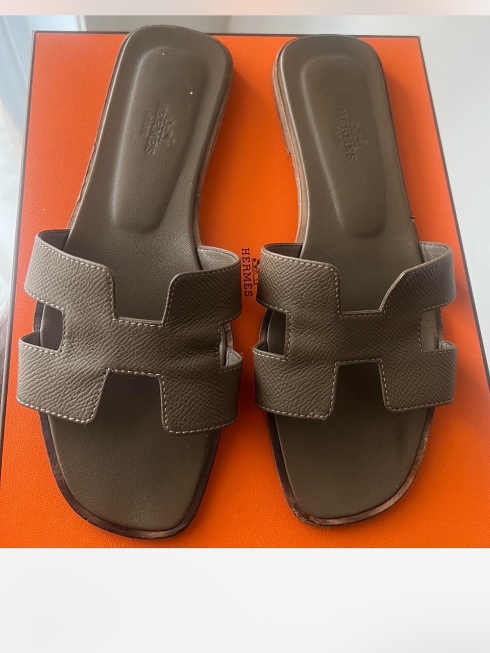 Hermes Brown Oran H-Logo Leather Slide Sandals